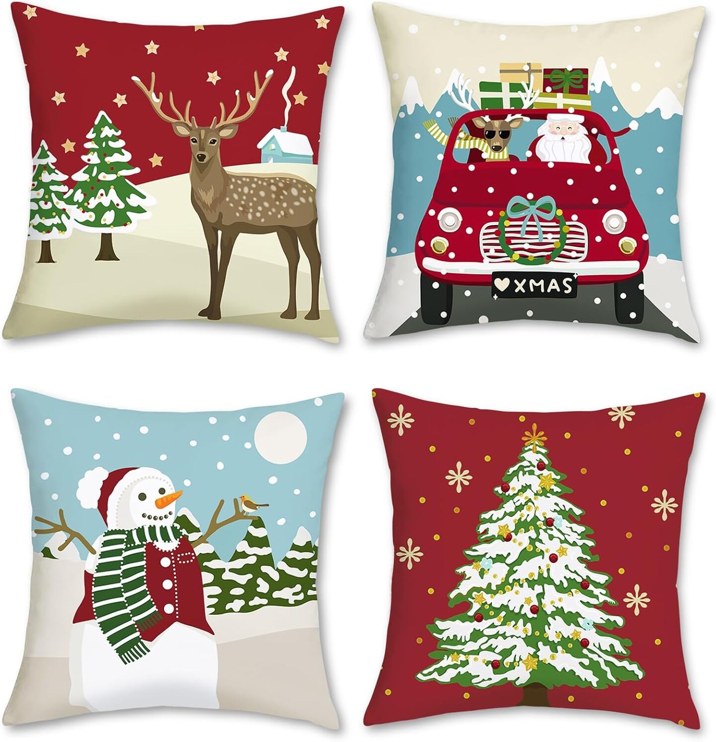 Christmas Reindeer Pillow Covers 18 x 18 Inch Santa Claus Snowman Xmas Tree Decorative Pillows for Sofa Couch Winter Holiday Decor Set of 4