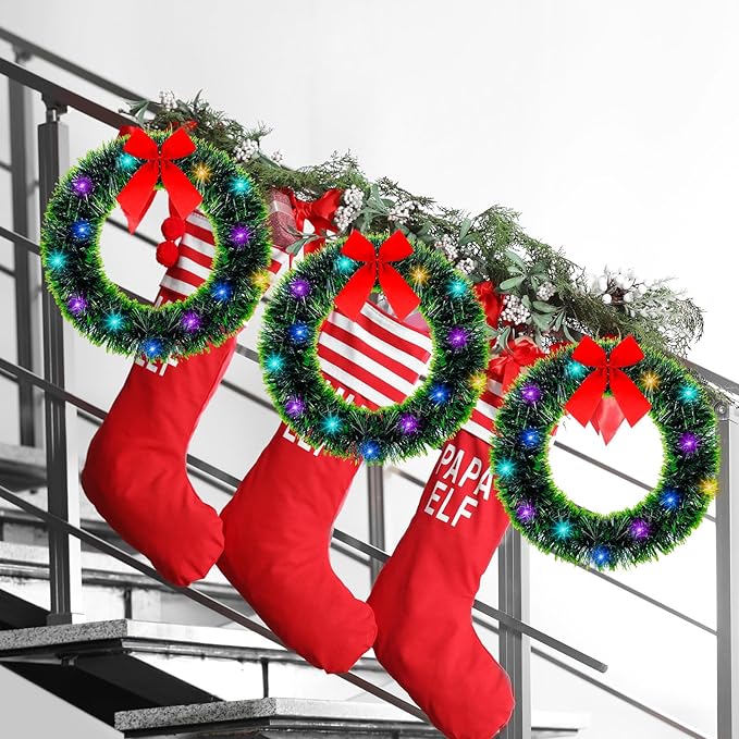 12 Inch Christmas Wreath with Red Bow Bulk Outdoor Lighted Christmas Wreath Artificial for Home Window Kitchen Indoor Christmas Holiday Decoration(Green,10 Sets)