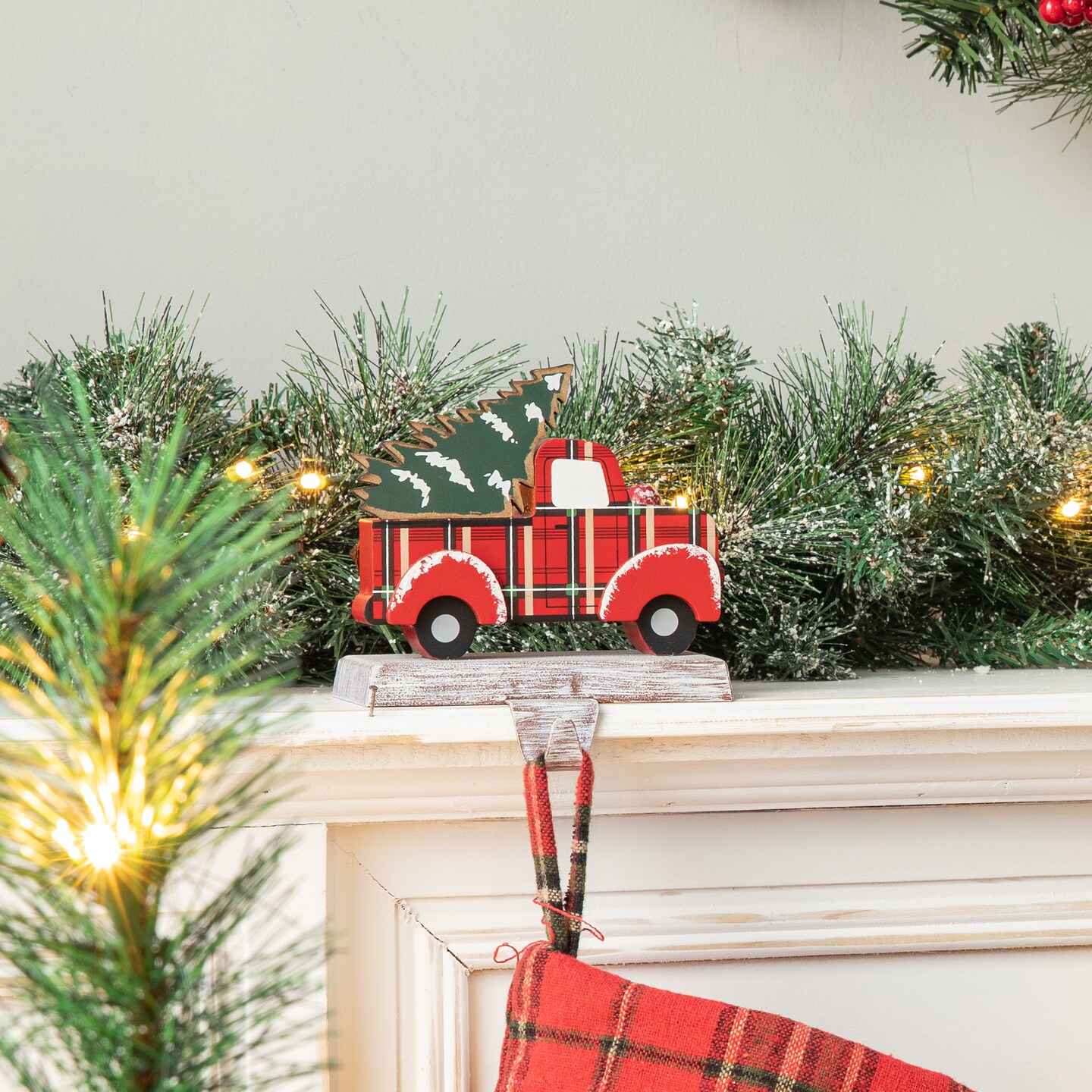 Set of 2 Wooden/Metal Red Car &#x26; Truck Stocking Holders