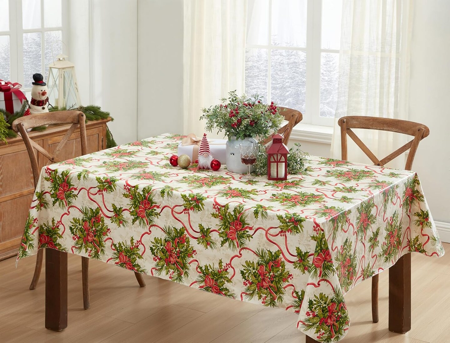 Tablecloth with Flannel Backing, Red Holly Berry and Ribbons Holiday Easy Care Wipe Clean Tablecloth, 52” x 70” Oblong/Rectangle Visit the Newbridge Store