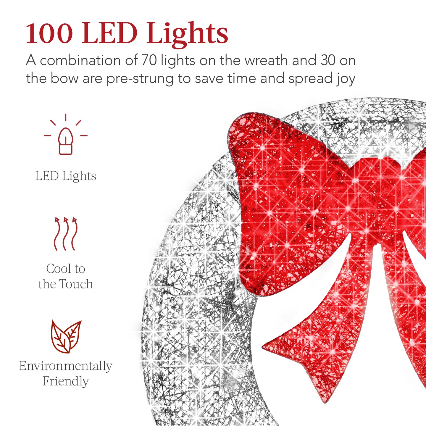 Best Choice Products 30in Pre-Lit Outdoor Christmas Wreath, LED Metal Holiday D&#xE9;cor w/ 100 Lights, Bow