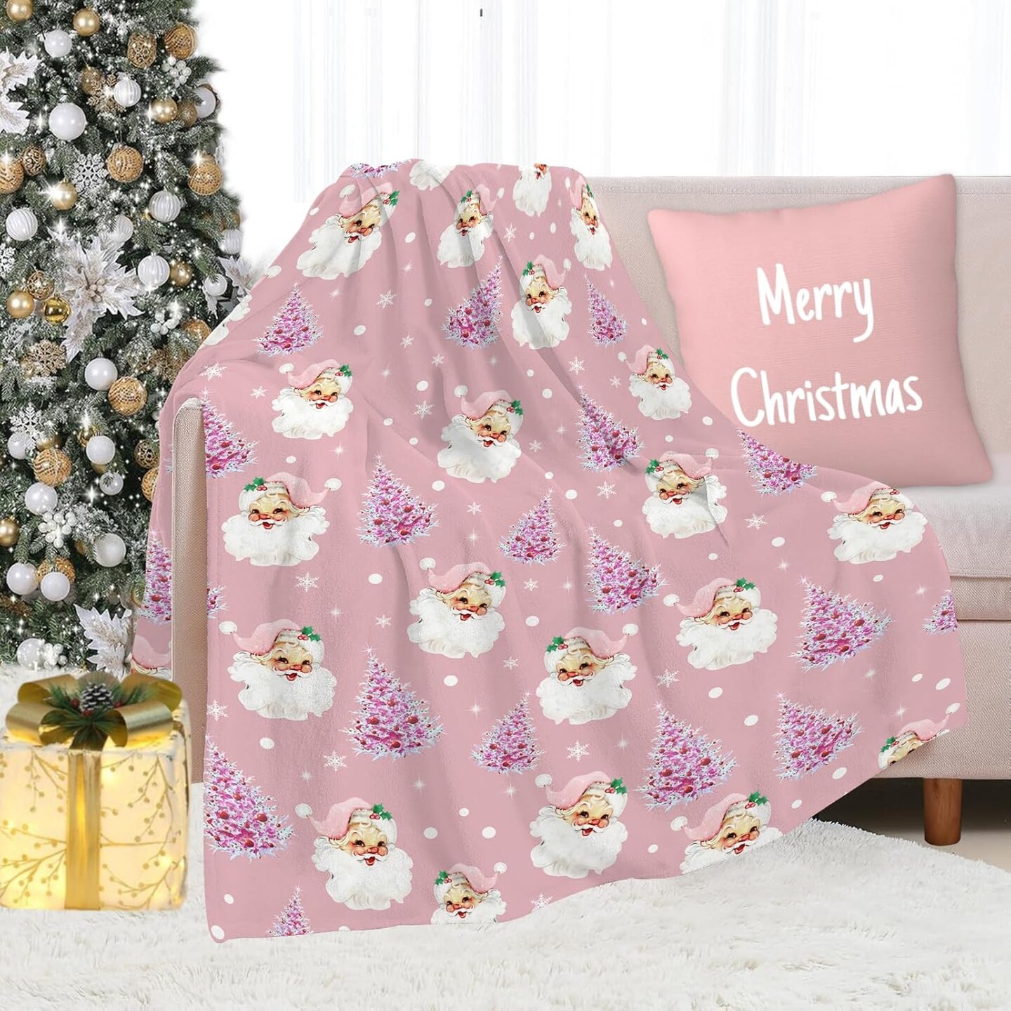 Soft Plush Christmas Blanket,Cute Santa Claus Pink Christmas Tree Snowflake Warm Throw Blanket for Couch, Seasonal Winter Xmas Holiday Blanket for Couch Bed Living Room 50&#x22;x40&#x22;