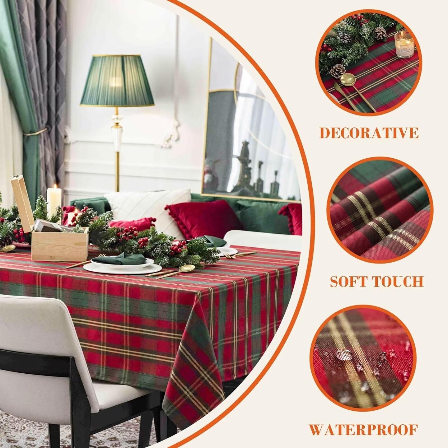 Christmas Rectangle Tablecloth 60x84 inch - Waterproof Holiday Decoration Tablecloth - Reusable Wipable Fabric Table Linen for Kitchen, Holiday Dinner Table Covering for Thanksgiving