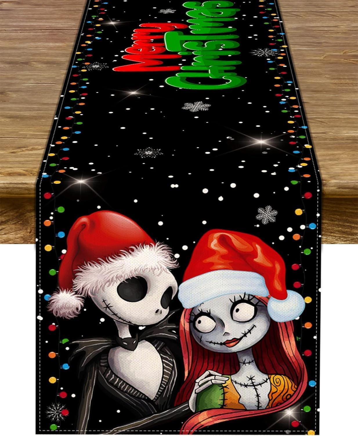 Merry Christmas Table Runner The Nightmare Before Christmas Jack Skellington and Sally Birthday Party Decoration Home Kitchen Dining Room Deocr (Black, 13&#x22; x 90&#x22;)
