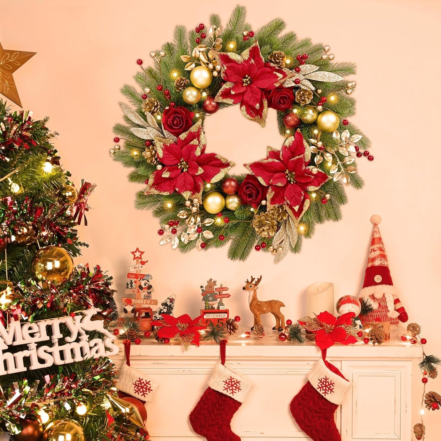 Christmas Wreaths for Front Door,22In Christmas Wreaths Decorations with Lights,Christmas Balls, Pine Cones, Golden Twigs, Pine Needles for Door Window Outdoor Home Decoration