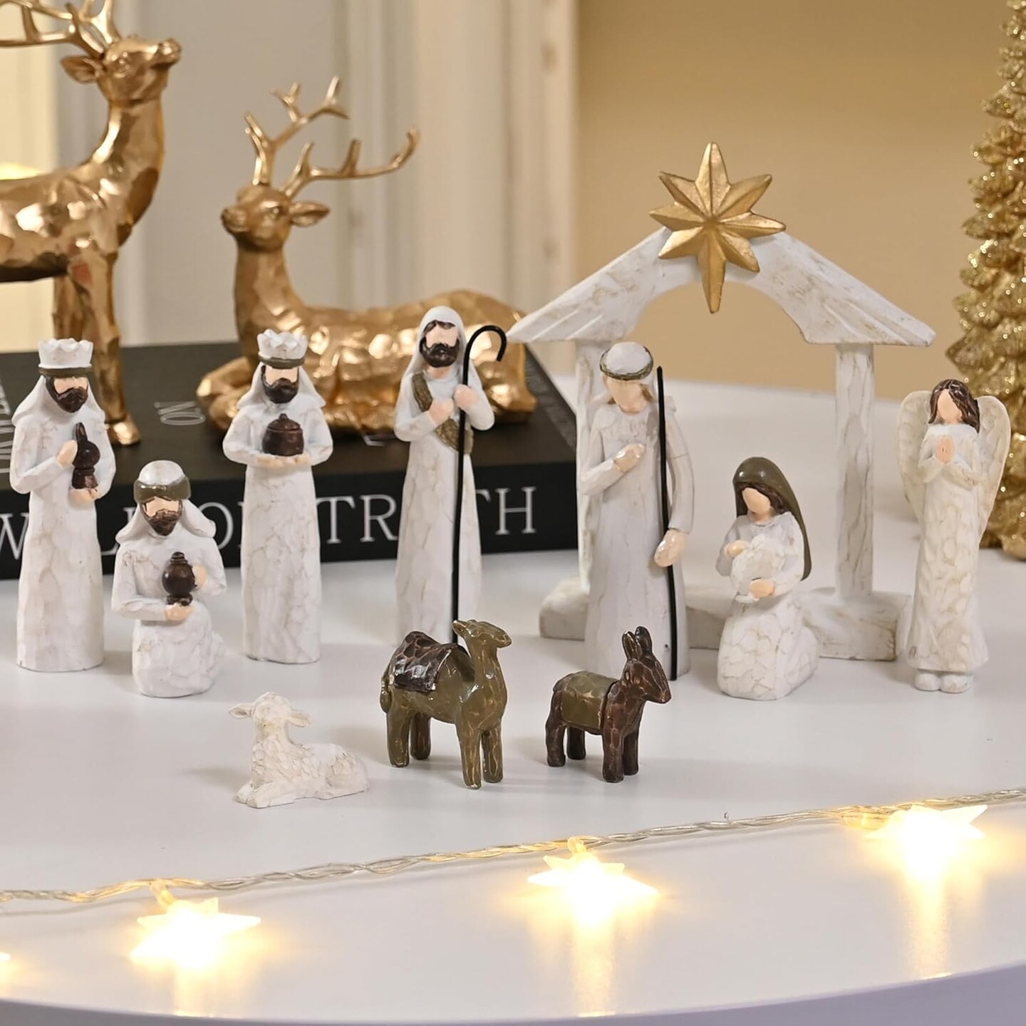 White Nativity Set, Resin Small Christmas Nativity Figurine, 11Pcs Miniature Nativity Scene, Modern Holy Family Manger Scene Tabletop Nativity Figurines for Christmas Indoor Decor