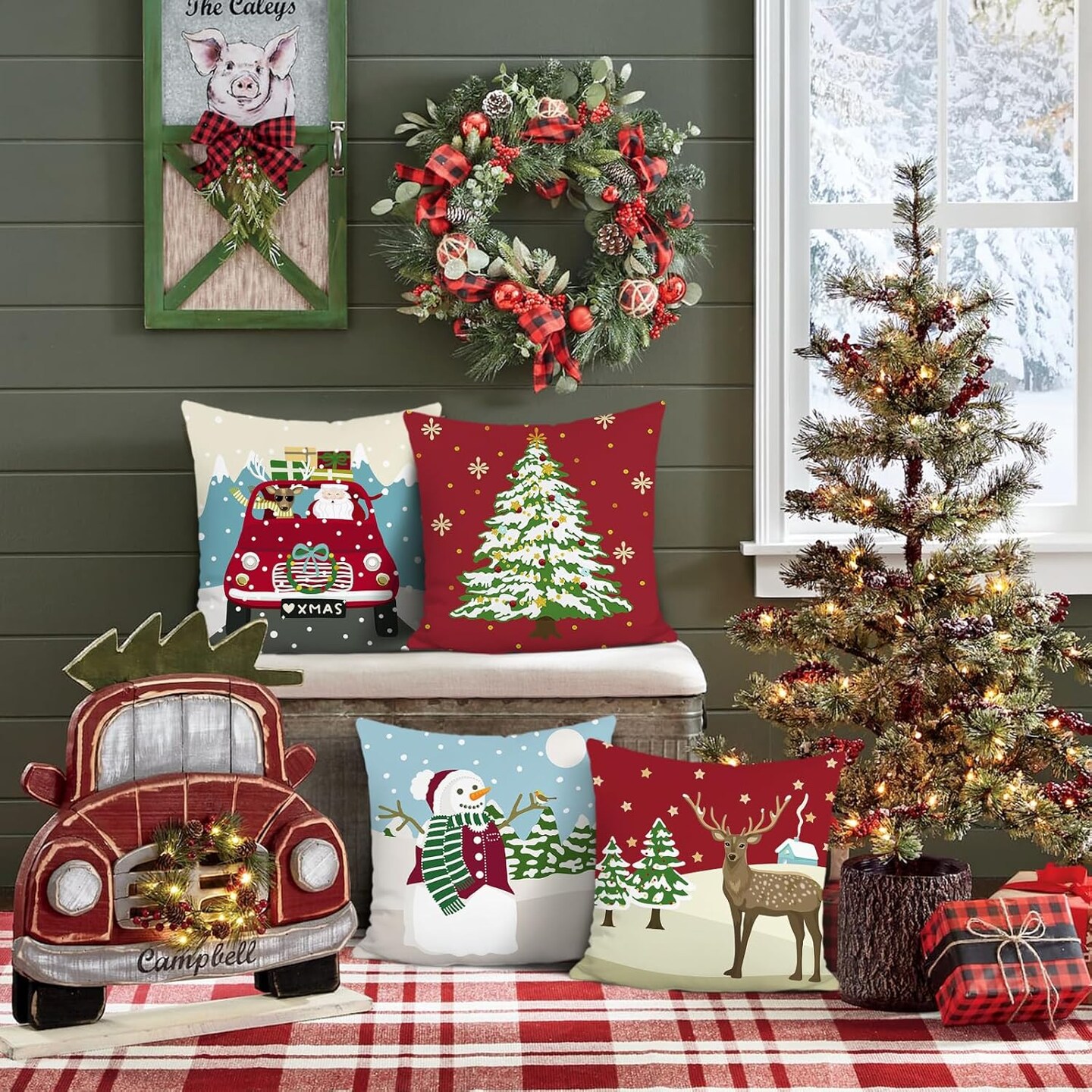 Christmas Reindeer Pillow Covers 18 x 18 Inch Santa Claus Snowman Xmas Tree Decorative Pillows for Sofa Couch Winter Holiday Decor Set of 4