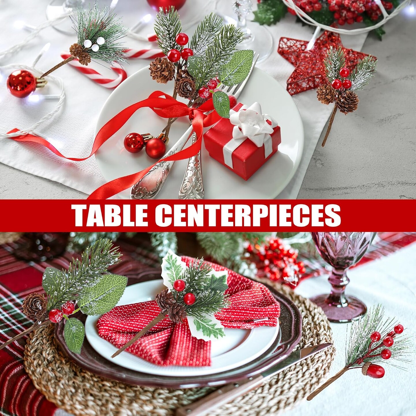 Artificial Christmas Picks Assorted Red White Berry Picks Stem Faux Pine Picks &#x26; Spray with Pine Cones for Floral Arrangement Wreath Winter Holiday Season Decor