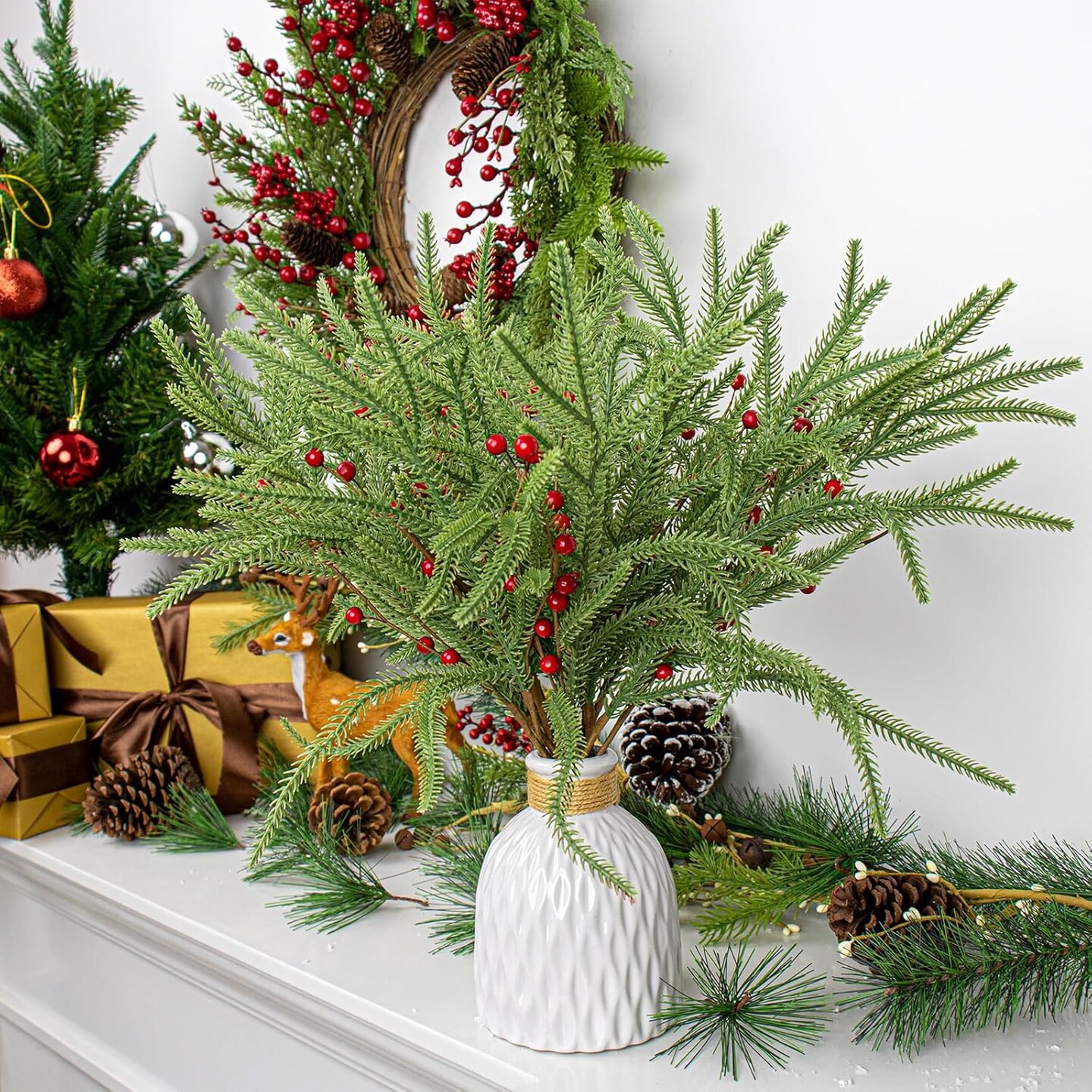 Christmas Tree Picks with Red Berries Norfolk Pine Branches for Xmas Tree Floral Arrangements Centerpieces Christmas DIY Crafts