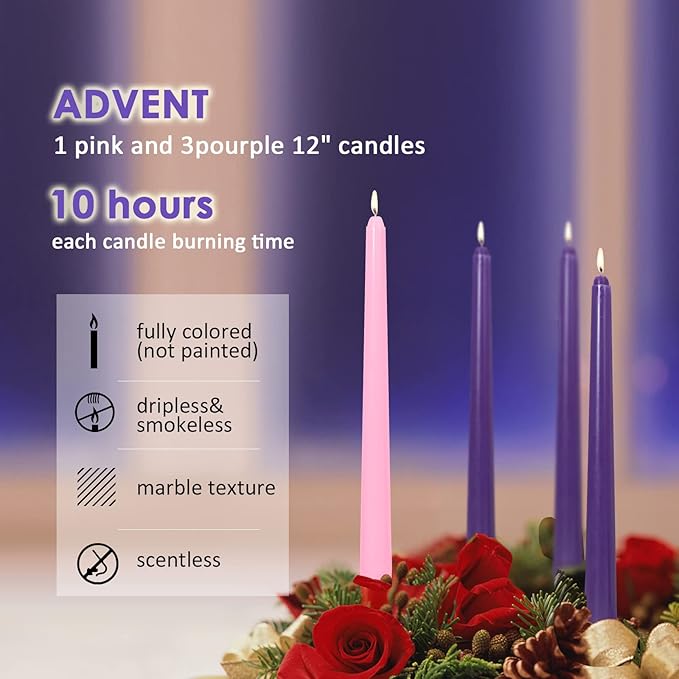 4 Pack Christmas 10in Unscented Advent Candles for Seasonal Celebrations, Holidays, Church, Celebration, Party