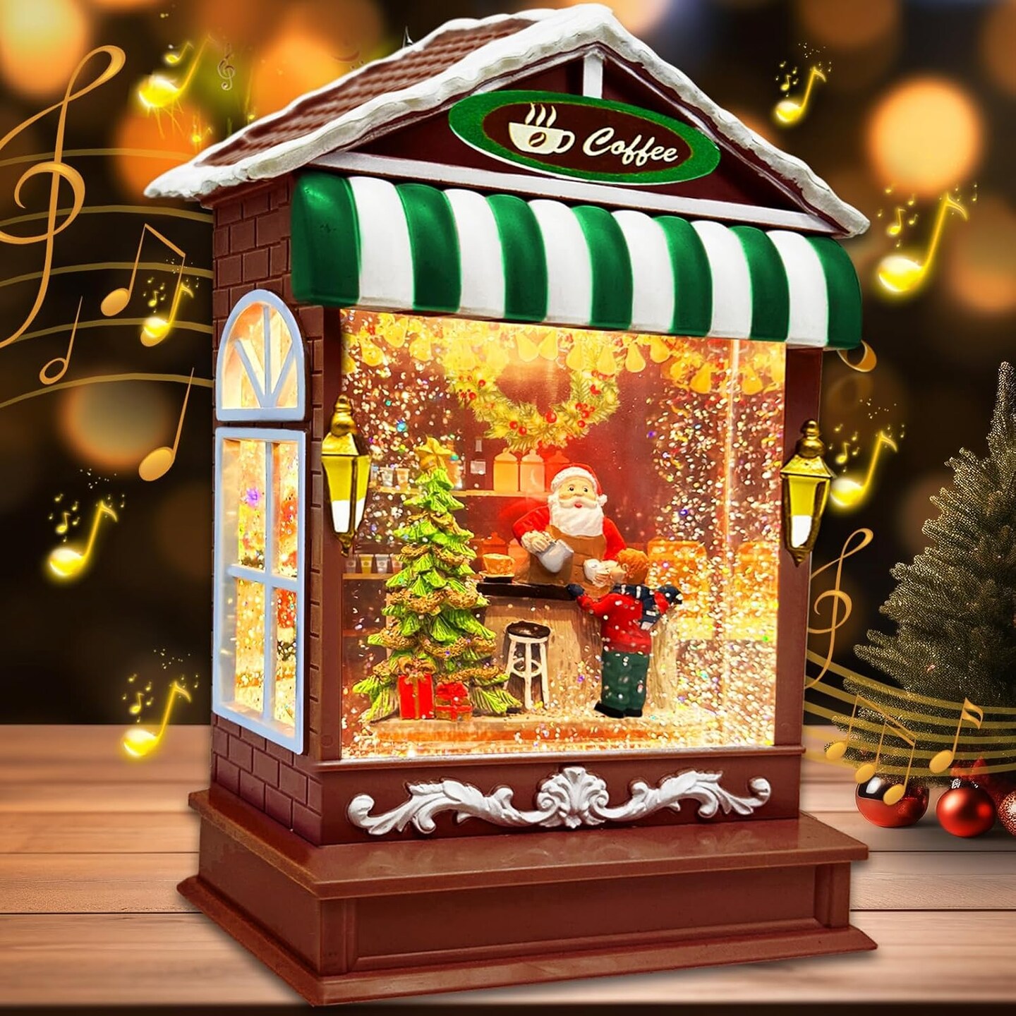 Musical Christmas Snow Globes Lighted with Timer 8 Songs Santa Making Coffee Shop Snowglobe USB/Battery Operated Swirling Glitter Christmas Decorations Home Decor for Kid Adult