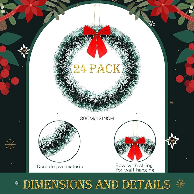 24 Pcs 12 Inch Christmas Wreath with Red Bow Bulk Artificial Christmas Garland Creative Winter Decoration Christmas Tree Hanging Ornaments for Window Front Door Kitchen Shop Indoor Outdoor