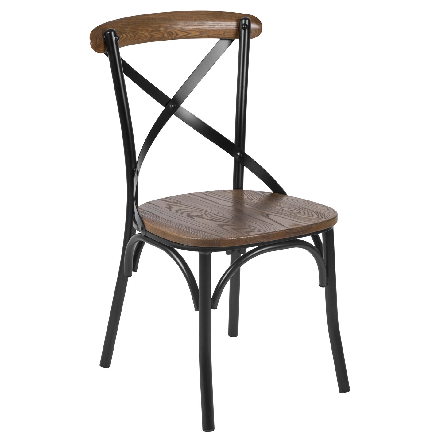 Merrick Lane Tucker Series Industrial Style Black Metal X-Back Dining Chair with Fruitwood Finished Seat and Back