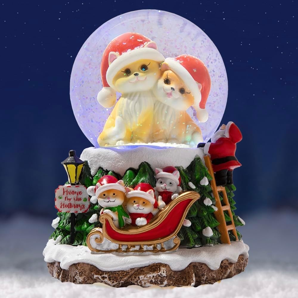Home for The Holidays Christmas Musical, Water Glittering Cat Snow Globe – Plays 7 Traditional Holiday Songs Including Jingle Bells & Color Changing Lights