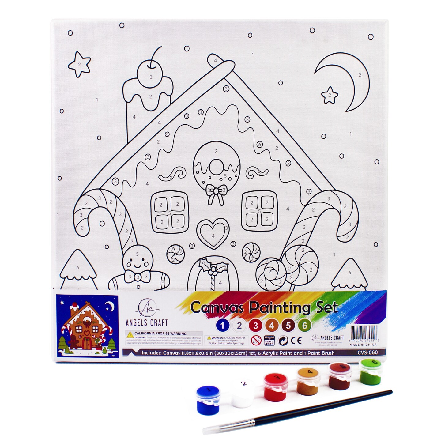 Angels Craft Paint by Number Canvas Set - Christmas Candy Cottage | Includes: 1 Pre-printed Canvas, 6 Acrylic Paint pots, 1 Artist Brush