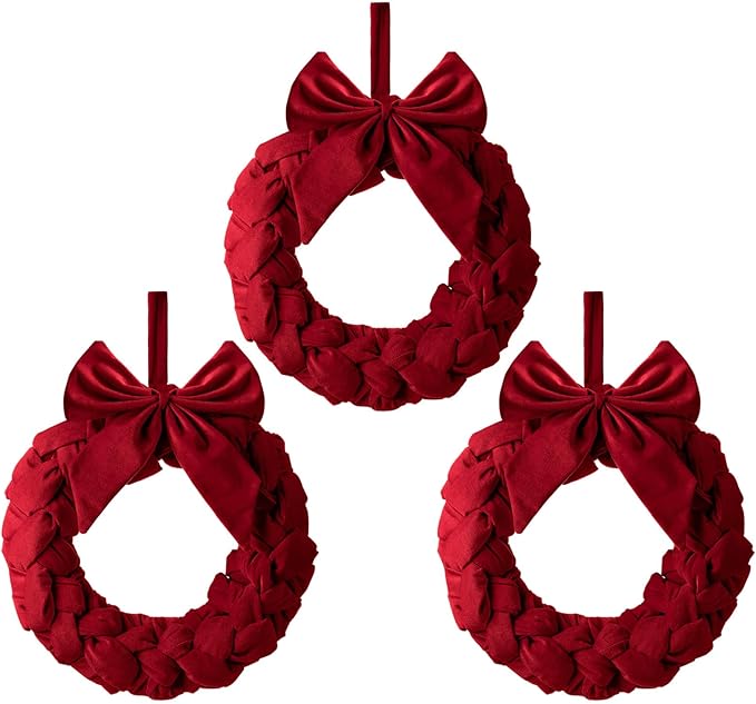 3 Christmas Velvet Wreaths 14&#x22; Christmas Wreaths for Front Door Velvet Christmas Wreath Ornament with Bow for Christmas Party Table Fireplaces Porch Walls New Years Home Decor (Red)