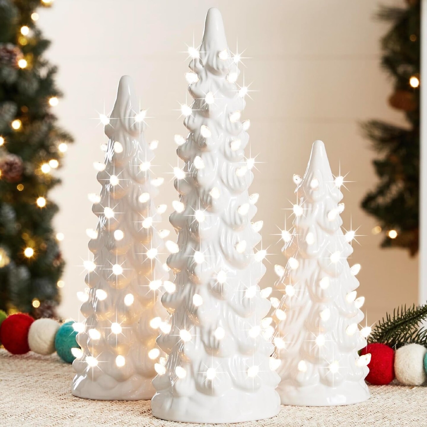 Set of 3 Pre-Lit Green Ceramic Christmas Trees