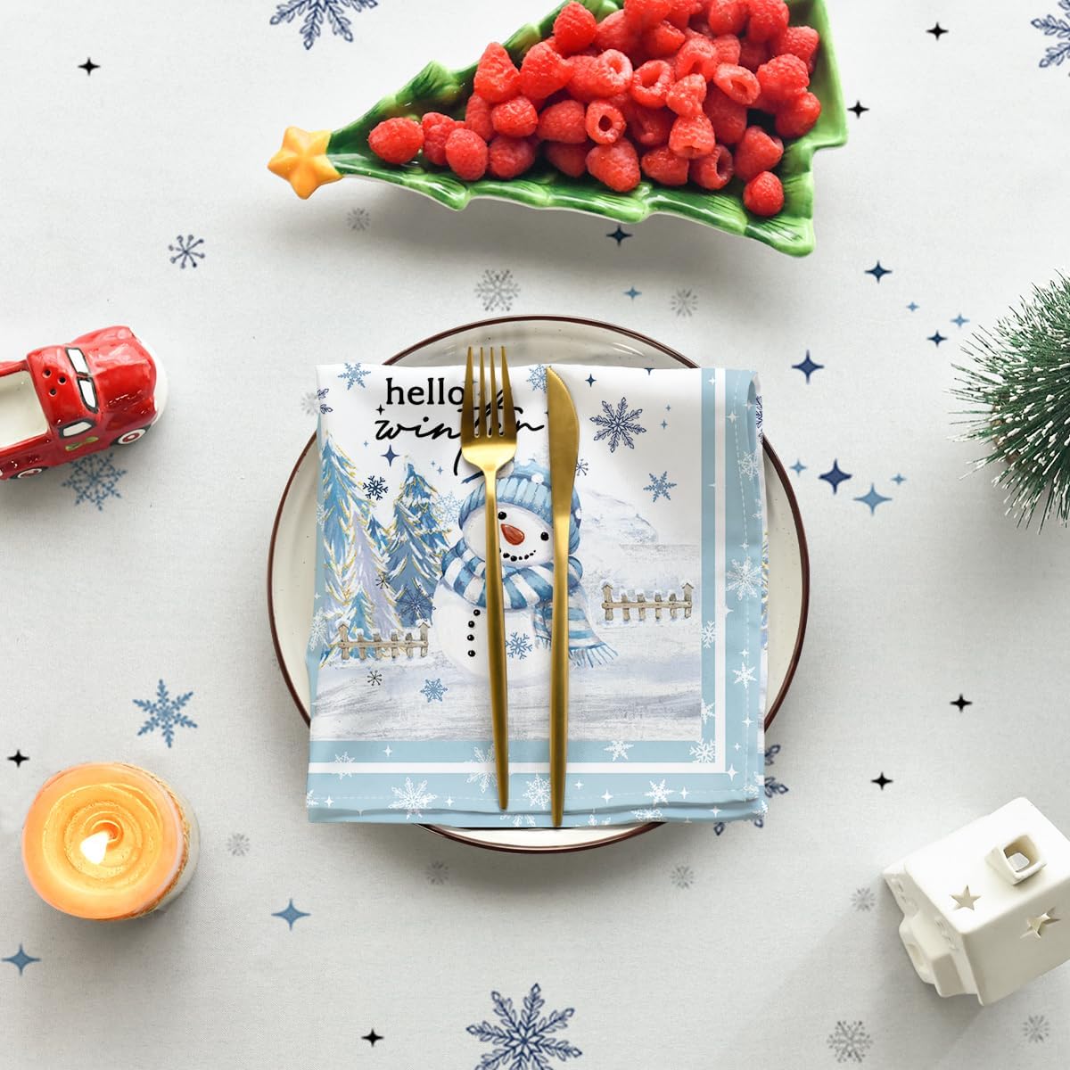 Christmas Tablecloth 60&#xD7;84 Inch Rectangular, Blue Snowman Pine Snow Washable Table Cover for Party Picnic Dinner Decor