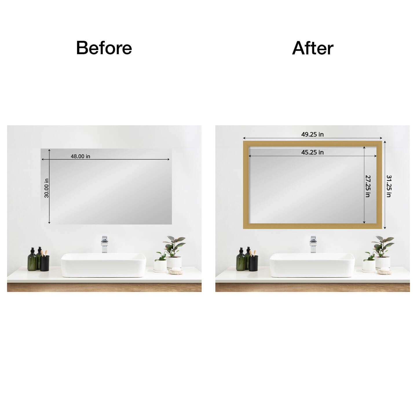 Amanti Art Mirror Makeover Bathroom Mirror Frame Border Kit - Fully Assembled Peel and Stick Frame - Mirror NOT Included - Grace Brushed Gold Trim