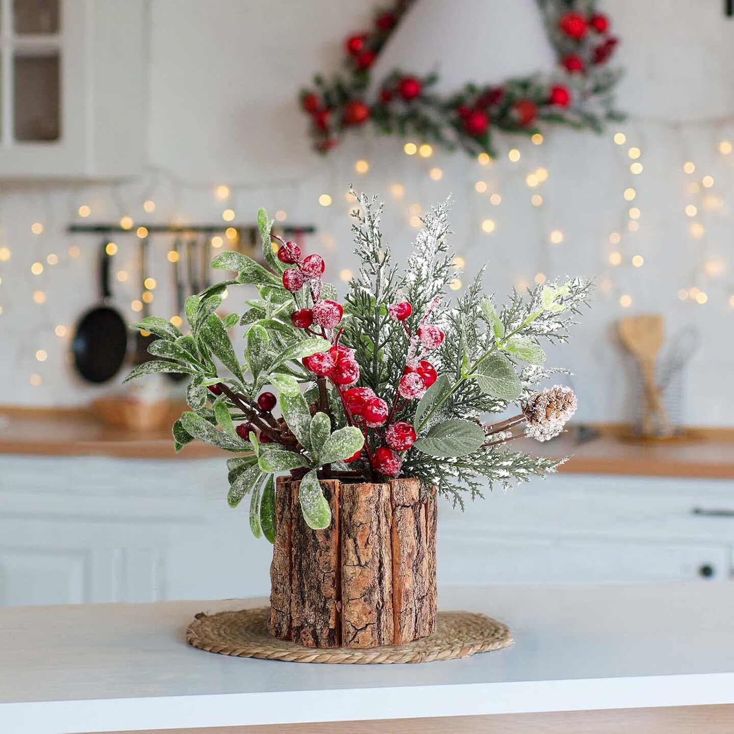 Potted Plants Christmas Picks and Sprays Fake Greenery Pine Needles Branches Red Berry Picks Stems for Home Office Christmas Decor