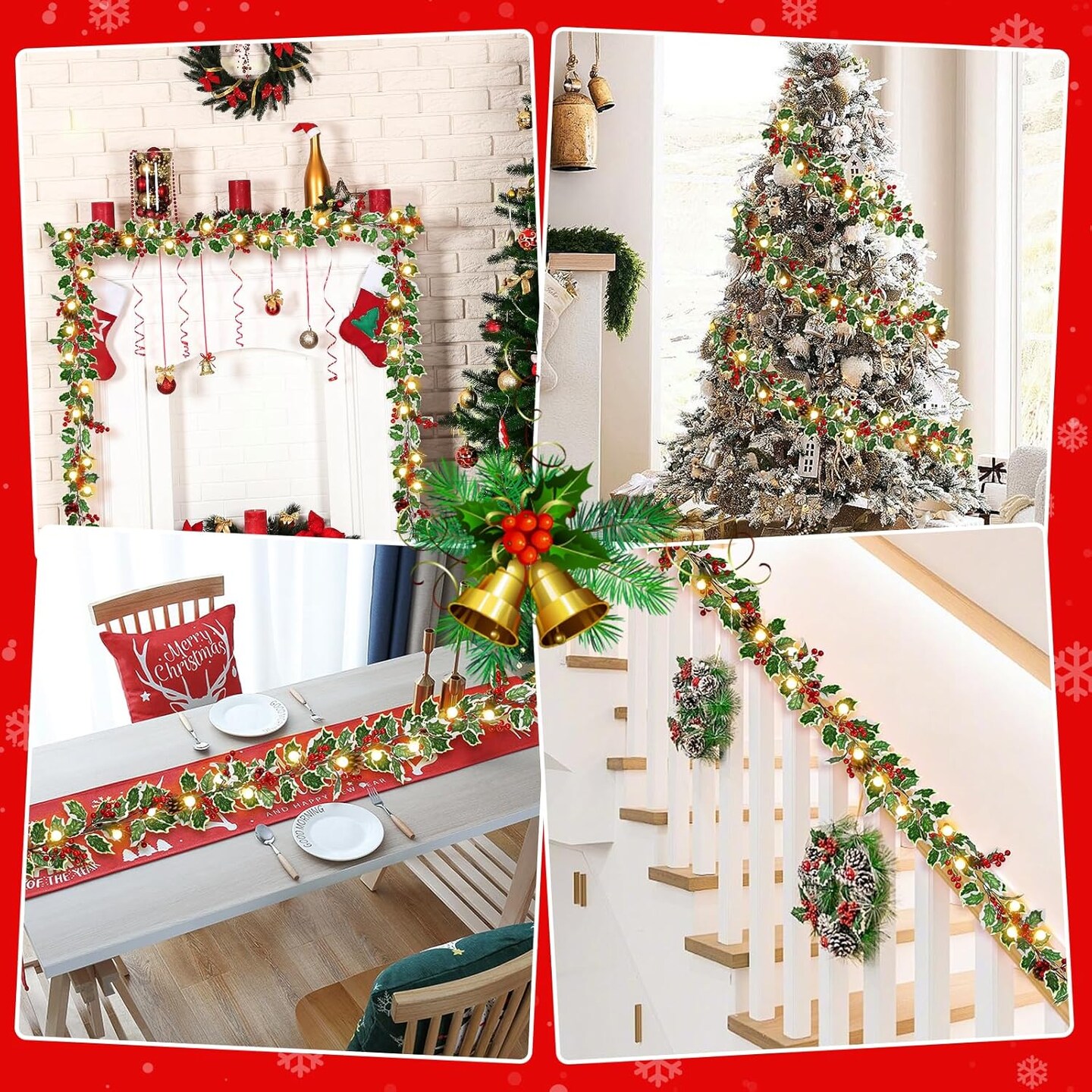 2 Pack Pre-Lit Christmas Garland with Lights, 5.7FT 20LED Battery Operated Lighted Garland Xmas Decor with PineCones Bell Berry Holly Leaves, Light Up Garland for Mantle Fireplace Stair Indoor Outdoor