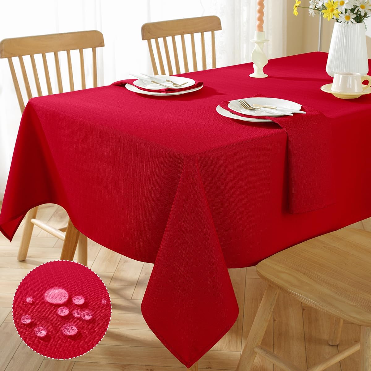 Christmas Tablecloth Rectangle Waterproof Wrinkle Fee Textured Fabric Table Cloth, Soft Faux Linen Table Cover for Xmas, Holiday, Winter, Party, Banquet (52 x 70 Inch Rectangular, Red)