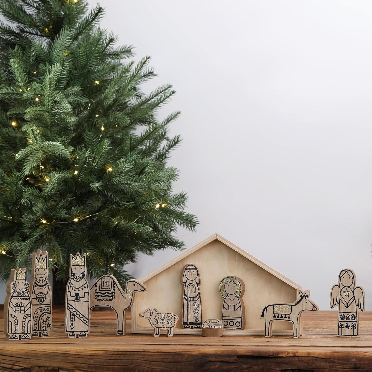Wooden Nativity Set,12Pcs Christmas Tabletop Scene-7" Tall, Small Nativity Ornament for Christmas Decor,Paintable Wood Nativity Sets&Figures,Unique