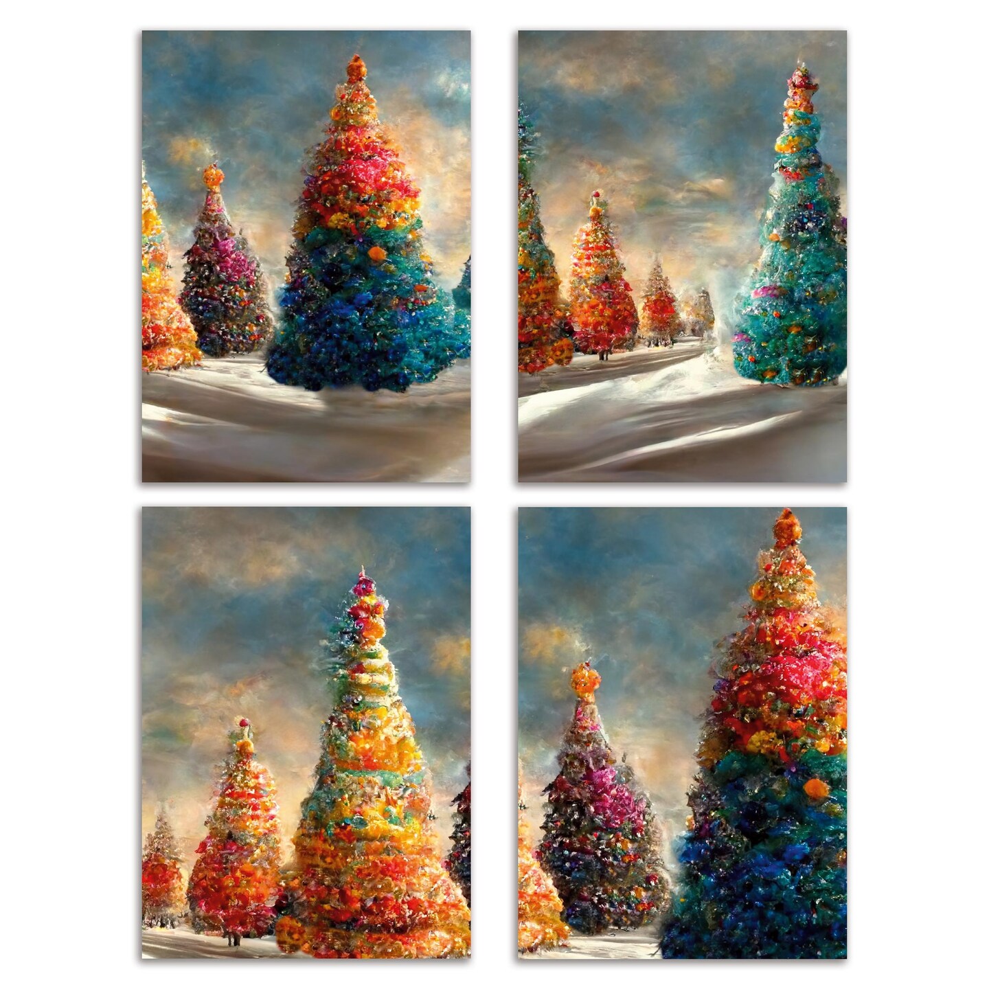 Colorful Christmas Tree Cards - 24-Pack Holiday Greeting Cards with 4 Vibrant, Artistic Tree Designs, Perfect for Sharing Merry Christmas & Holiday Wishes, Blank Inside for Personalized Messages - Bright and Festive Stationery Set