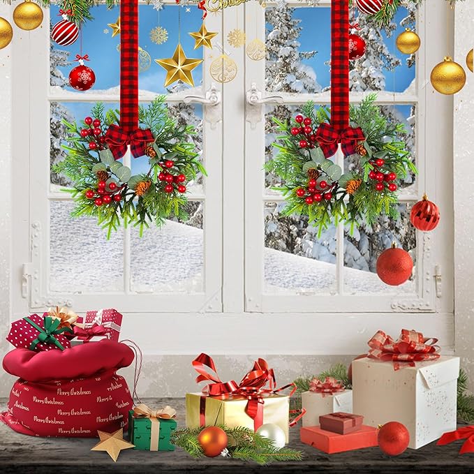 Small Christmas Wreath Set of 2 - Mini Wreaths with Red Berry Pine Eucalyptus for Kitchen Window Decor Small Farmhouse Wreaths Garland for Indoor Home Cabinet Decorations