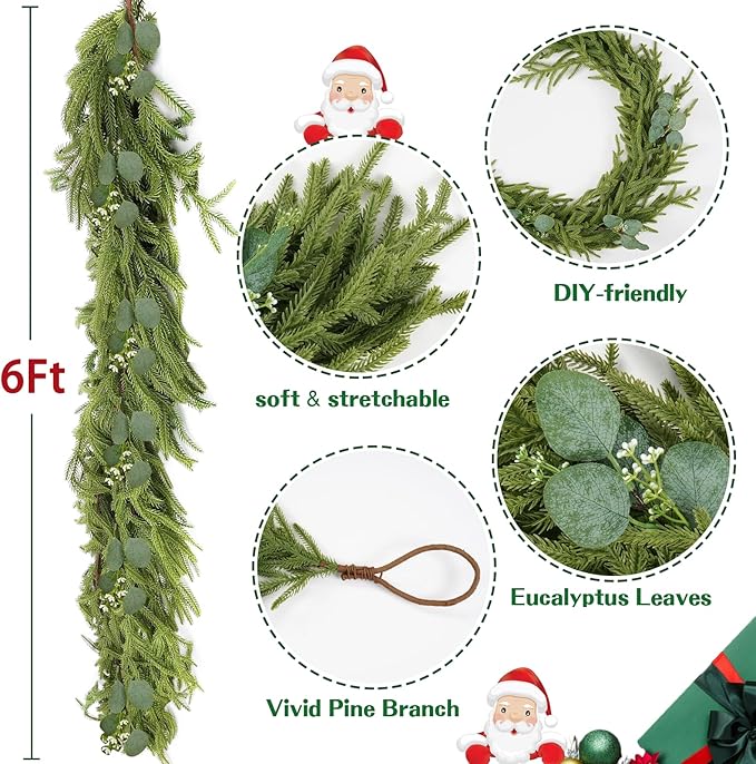 6FT Real Touch Pine Garland Christmas Decoration,Artificial Faux Cedar Garland for Christmas Table Fireplace Mentle Wall Home Decoration