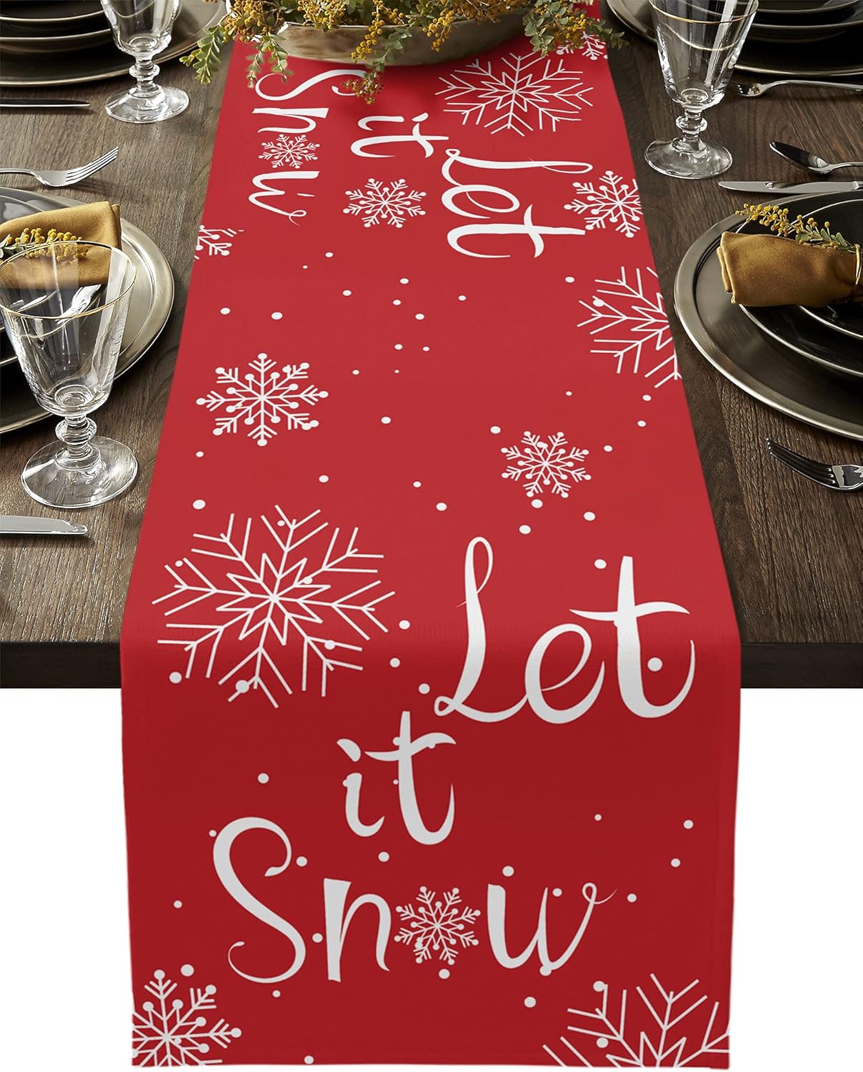 Christmas Table Runner-Cotton Linen-Let it Snow Dinner Scarf D&#xE9;cor,Long 72 Inch Holiday Winter snowflake Dresser Scarves,Farmhouse Xmas Kitchen Coffee/Dining Home Living Room Tablerunner,Red white