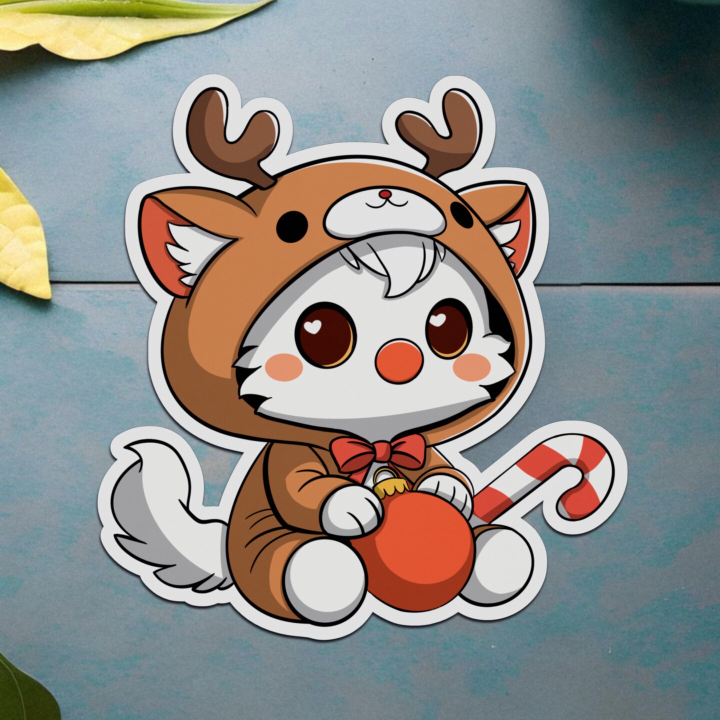 Reindeer Cat Christmas Sticker | Kawaii Holiday Cat with Candy