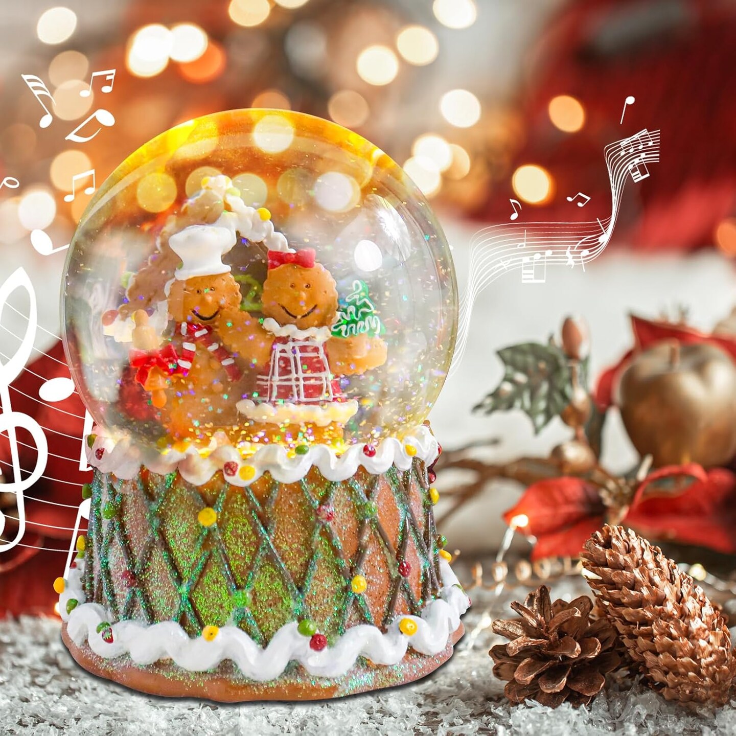 Christmas Snow Globes, Snow Globes Christmas with Music, Gingerbread Man Snow Globe, Cake Snowglobe Color Changing LED Lights Birthday Gift Decor for Kids Girls and Boys