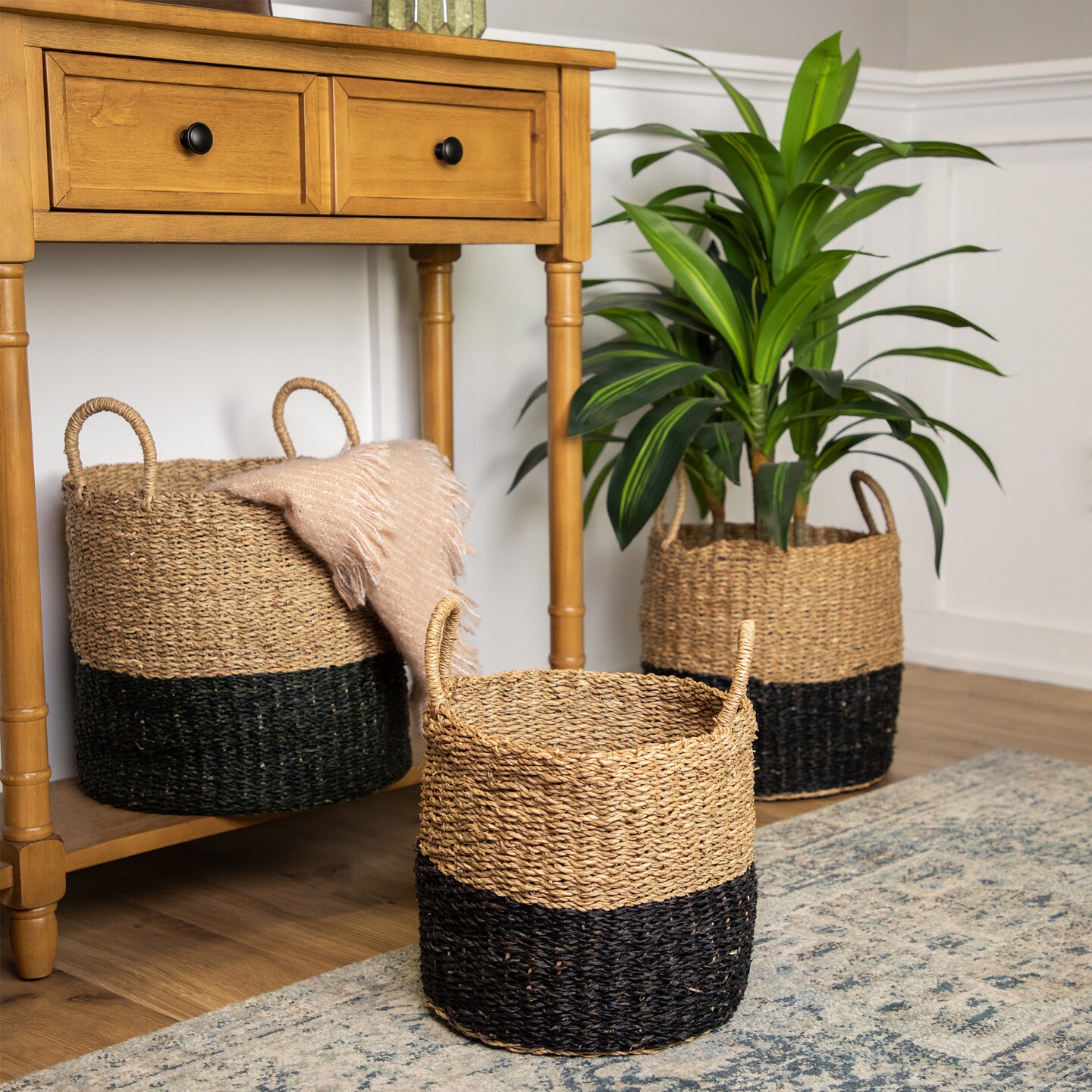 Northlight Round Wicker Table and Floor Baskets - Beige and Black - Set of 3