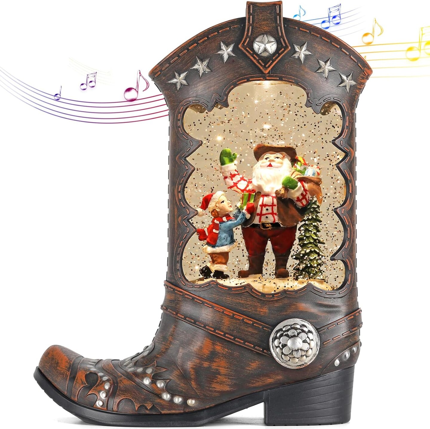 Christmas Snow Globes, Cowboy Boots Santa Claus Scene Snow Globes, Glittering Lantern with Timer, Snow Globe Lantern USB or Battery Powered for Desktop Ornament, Christmas Decoration