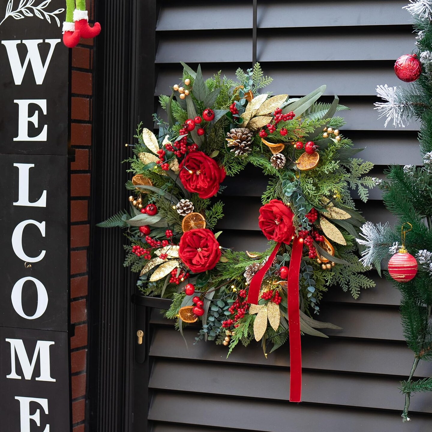 Pre-lit Christmas Wreath with Lights,24 Inch Outdoor Christmas Wreaths for Front Door,Green Eucalyptus Olive Leaves Winter Door Wreath with Pinecones,Red Flower-Lighted Xmas Holiday Wreath