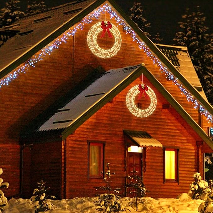 Christmas Acrylic Wreath with Lights Twinkle Lights, 24 Inches Chriatmas Wreath with 720 LED Warm White Fairy Lights, Christmas Werath with Timer/Red Bow for Christmas Decoration (24Inch White Wreath)