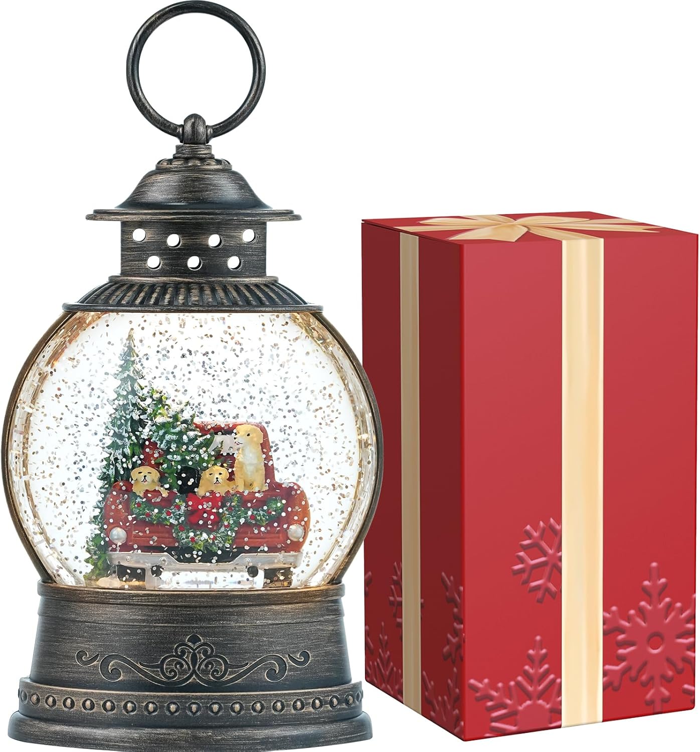 Dog Snow Globe Lighted Christmas Decorations, Musical Snow Globe Lantern with Swirling Glitter, Red Truck Christmas Tree Holiday Party Gifts and Decorations, USB &#x26; Battery Operated