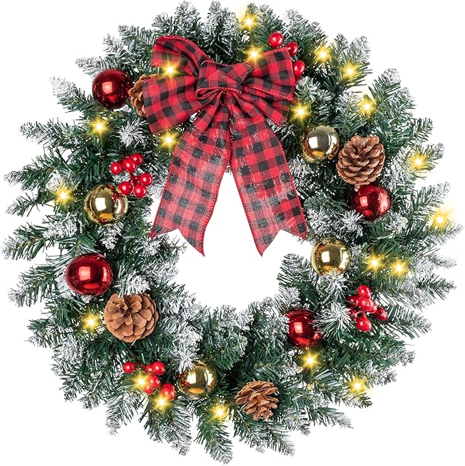 Christmas Wreath for Front Door with Lights, Christmas Lighted Wreath with Red Bow, Ball, Pine Cones for Door Window Wall Xmas Holiday Decoration