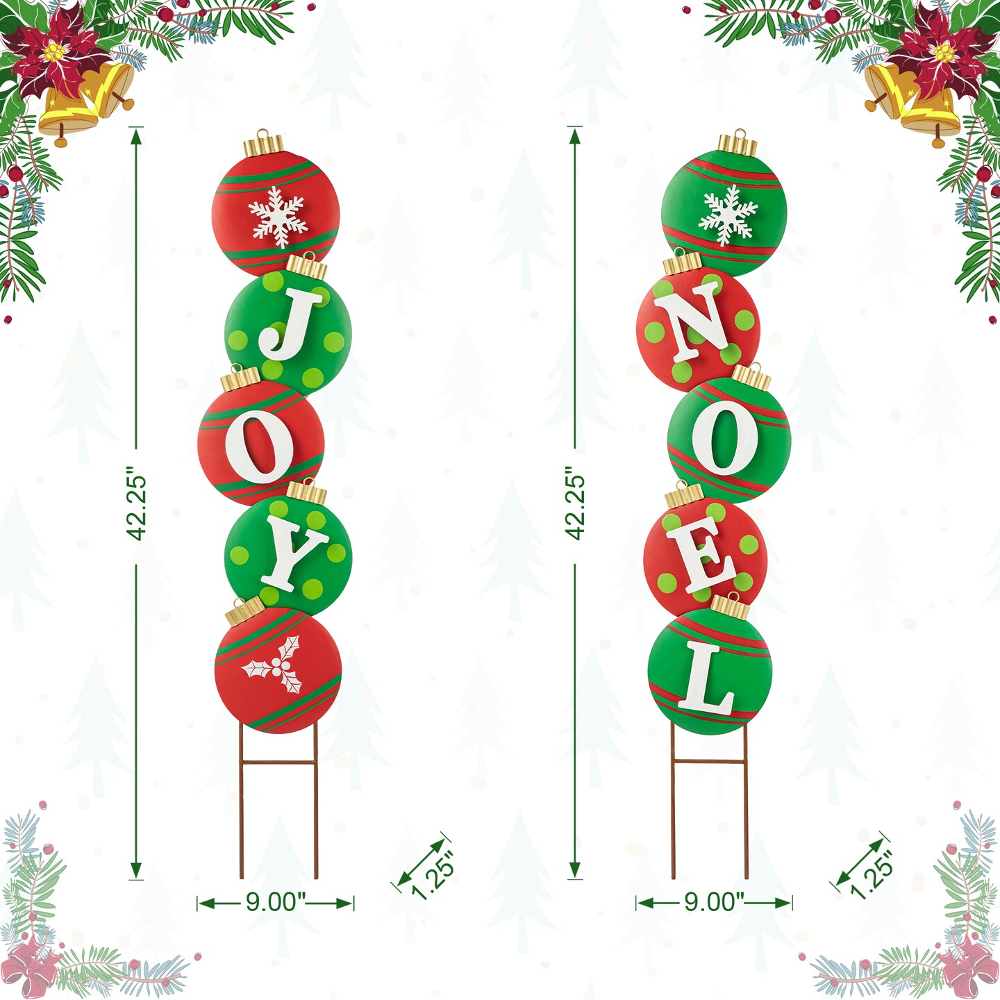 Set of 2 Metal JOY &#x26; NOEL Ornament Yard Stake or Wall Decor