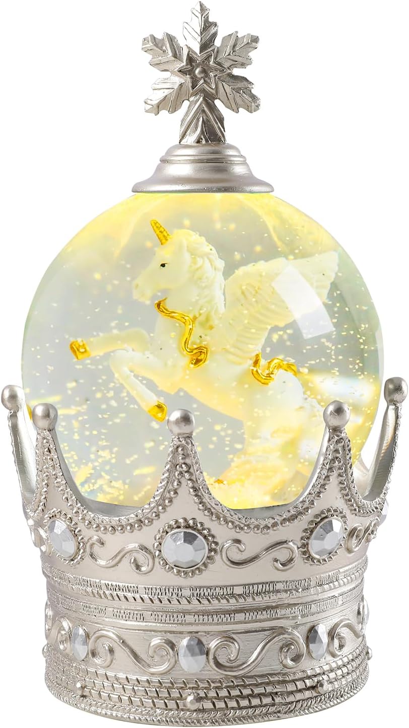 Christmas Snow Globe, Crown White Horse Musical Snowglobe with Swirling Glitter Snowflakes Lighted Christmas Decorations Tabletop Home D&#xE9;cor