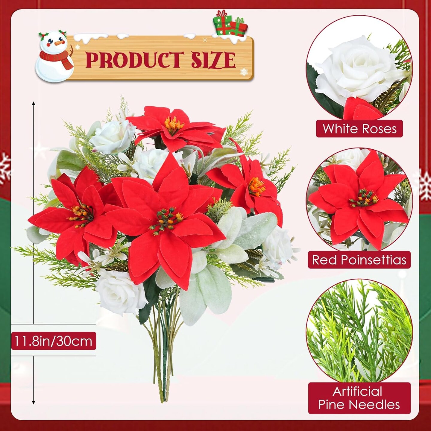 Poinsettia Bouquets Cemetery Flowers for Grave Christmas Winter Floral Arrangement with Faux Pine Needles for Home Dinging Kitchen Xmas Table Decor