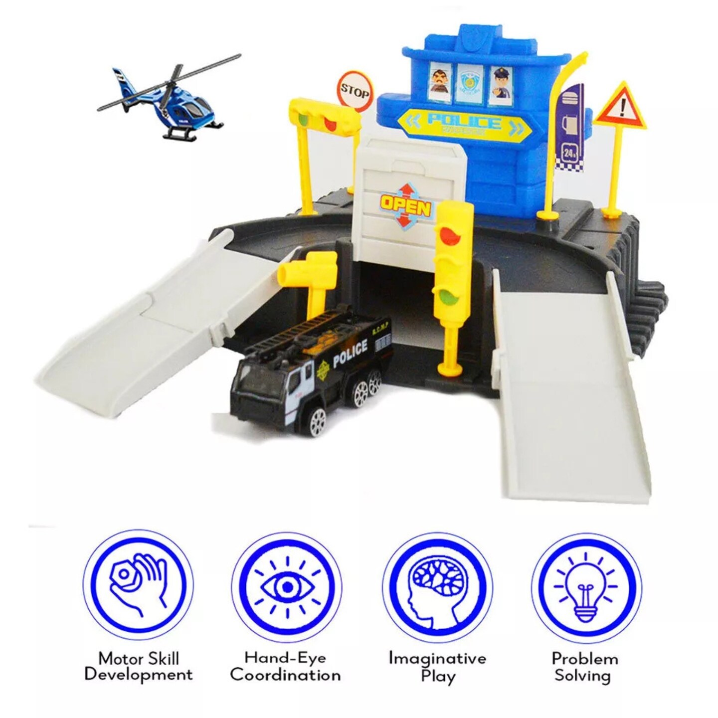 Kitcheniva Kids Police Station Playset Toy Gift With Ramps Garage Car Helicopter Map