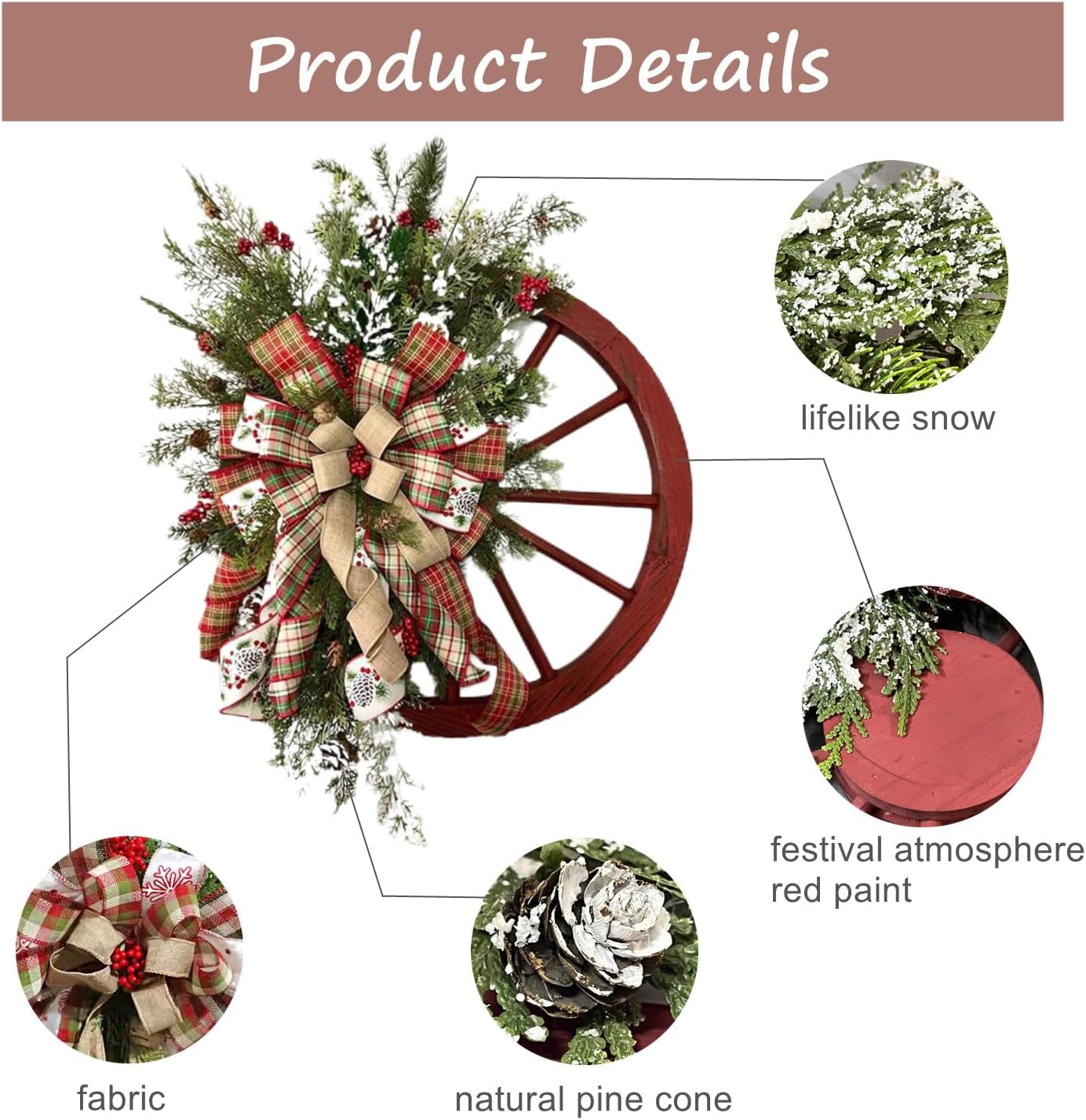 Christmas Wreath, 24 inch Artificial Plaid Bow Holiday Pine Cones Wreath Hanging Roulette Wheel Garland for Front Door Decoration and Christmas Party Decor