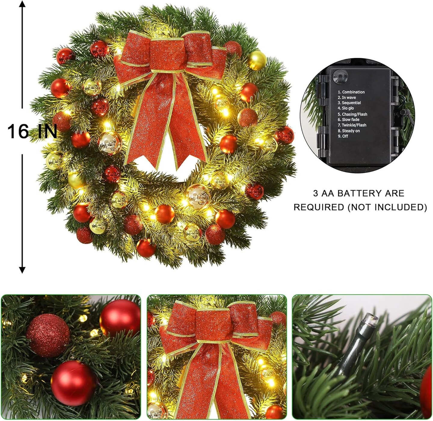 16 Inch Pre-lit Christmas Wreath with Hook, Battery Operated Christmas Wreath Decorative Christmas Balls Hanging Ornament, Artificial Door Wreath 40 Clear LED Lights