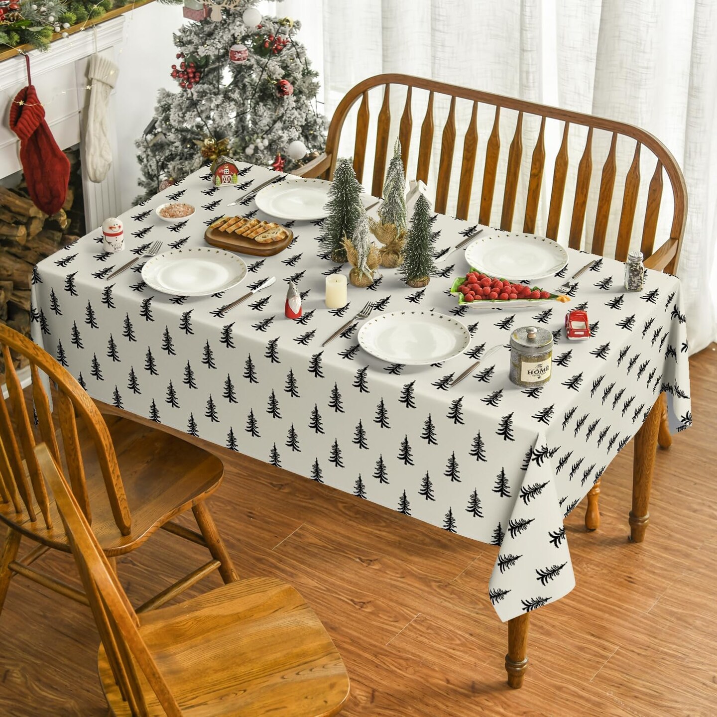 Christmas Tablecloth 60×84 Inch Rectangular, Trees Black White Boho Washable Table Cover for Party Picnic Dinner Decor