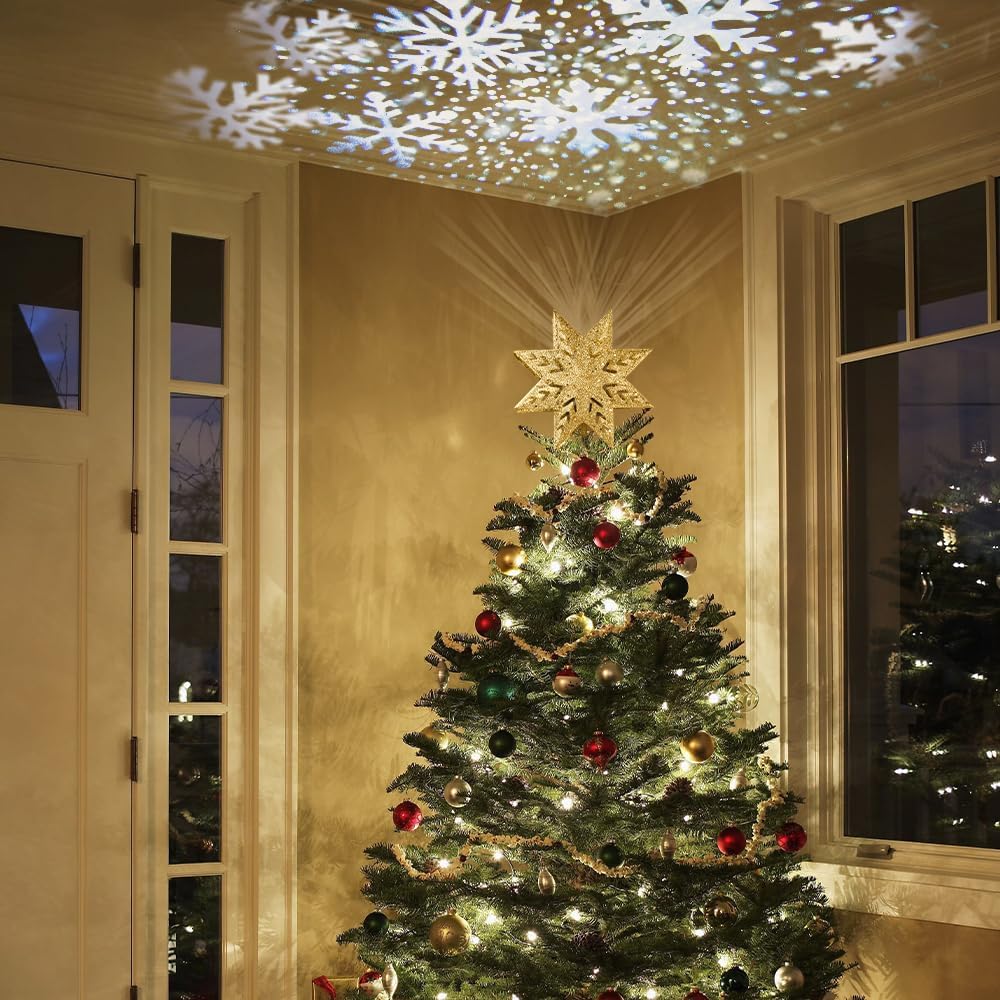 Christmas Tree Topper, 8" Gold Christmas Tree Star with Projector Lights, 8-Pointed Lighted Star Tree Topper, White Snowflake Projection Tree Toppers Christmas Decorations for Xmas Tree