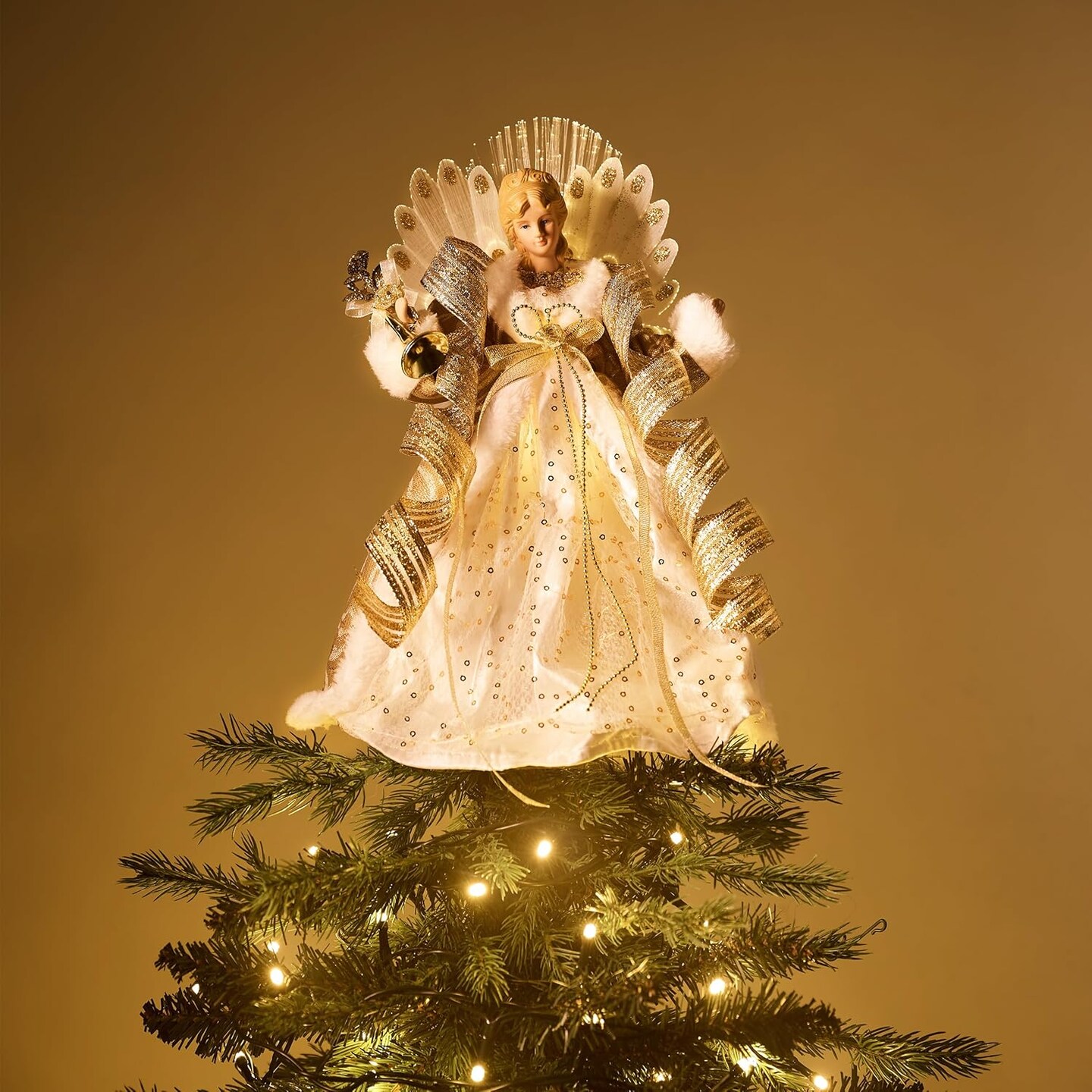 Lighted Christmas Tree Topper Angel with Timer, 12 Inch Luxury White Gold Fabric Small Angel Tree Topper with Lights for Christmas Tree Decoration Indoor, Battery Operated