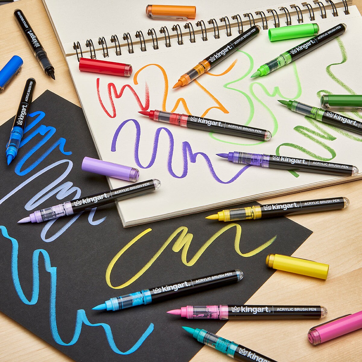 KINGART® PRO Acrylic Brush Pens, 12 Vibrant Colors, Flexible Brush Tip with Blendable Ink