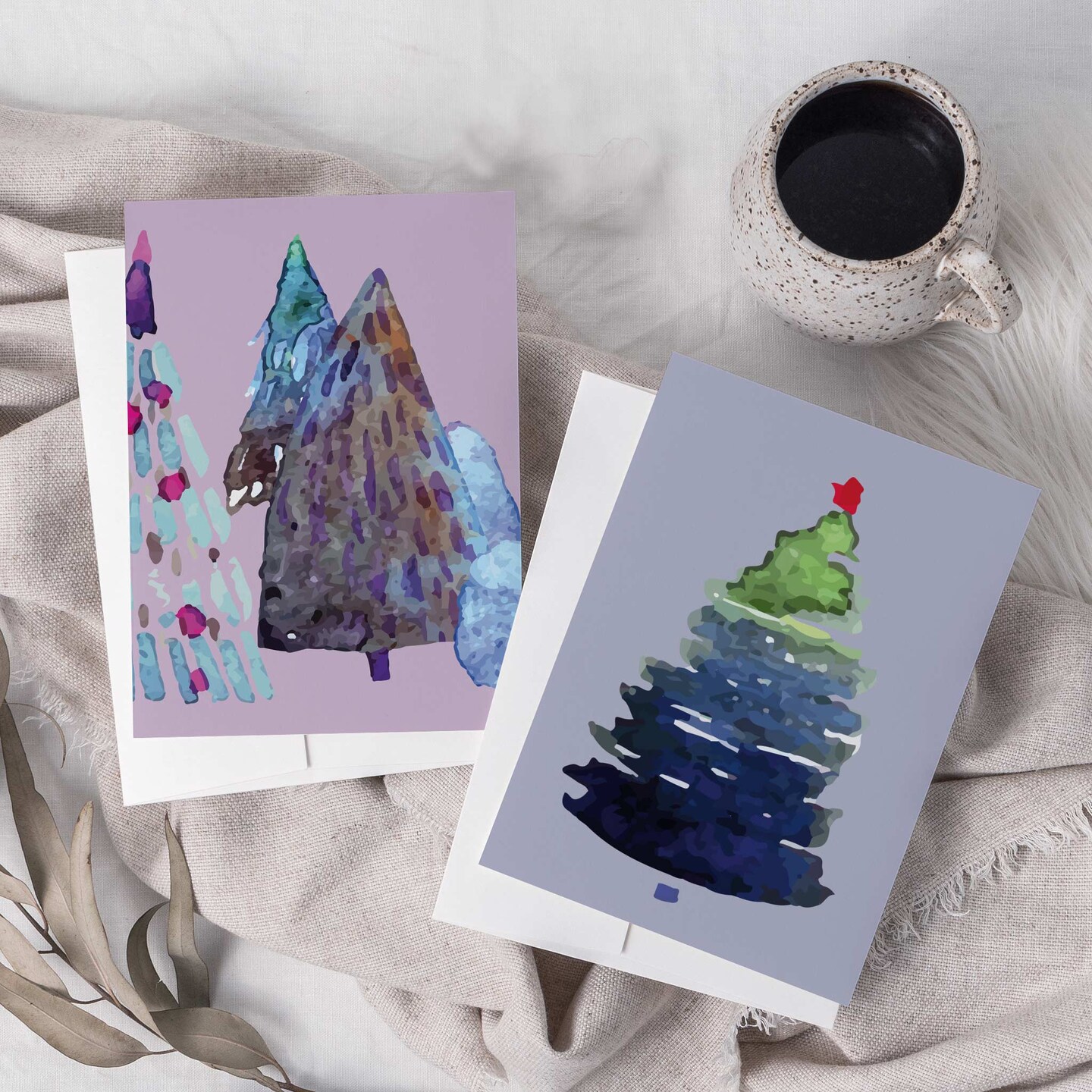 Whimsical Watercolor Christmas Tree Greeting Cards - 24-Pack Holiday Note Cards in 12 Unique Tree Designs, Blank Inside, Perfect for Sending Merry Christmas &#x26; Happy Holiday Wishes - Artistic Festive Stationery Set for Seasonal Cheer